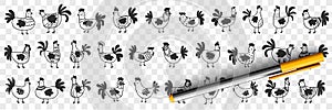 Hens and roosters doodle set