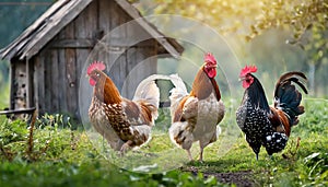 Hens and roosters walk on the grass, wooden hencoop in background