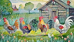 Hens and roosters walk on the grass, wooden hencoop in background
