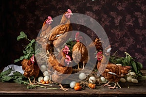 hens surrounding a pile of kitchen scraps