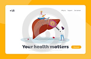 Hepatitis B Disease Landing Page Template. Tiny Doctor Characters Sitting on Huge Liver with Laptop and Magnifier