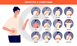 Hepatitis b symptoms. Hepatic awareness day, liver disease signs. Flat human health, patient prevention cancer or
