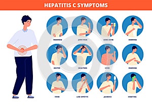 Hepatitis c symptoms. Cirrhosis treatment, liver cancer medicine disease. Patient awareness brochure, world hepatic care