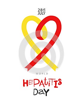 Hepatitis symbol - red and yellow awareness ribbon folded in the shape of a heart. World Hepatitis Day. July 28th