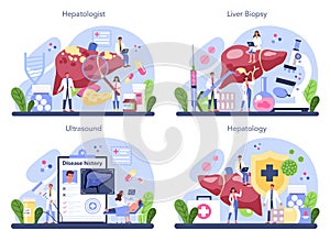 Hepatologist concept set. Doctor make ultrasound liver examination.