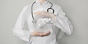 Hepatologist doctor, liver specialist. Aesthetic handdrawn highlighted illustration of human liver. Neutral grey background,