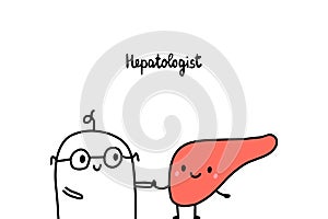 Hepatologist hand drawn vector illustration. Cartoon minimalism style. Doctor and liver photo