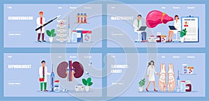 Hepatologist, rheumatologist vector set for medical sites, applications. Nephrologist, neurosurgeon treat patient