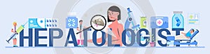 Hepatologist vector for medical website, landing page, header. Concept of hepatitis A, B, C, D, cirrhosis, world hepatitis day.