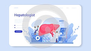 Hepatologist web banner or landing page. Doctor make liver examination