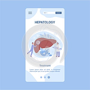 Hepatology concept application banner. Doctor make liver
