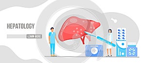 Hepatology concept vector for medical website, landing page. Concept of hepatitis A, B, C, D, cirrhosis, world hepatitis day. Tiny