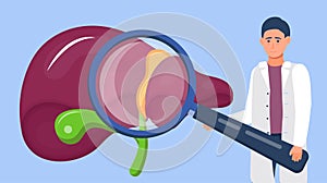 Hepatology, doctor looks through a magnifying glass at liver, cancer concept vector for medical website.