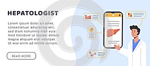 Hepatology Web banner. Consulting Doctor Online on mobile phone. An app explaining Liver Human Organ. Researcher