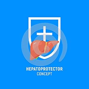 Hepatoprotector concept icon, healthy liver flat icon shield. Liver care guard icon