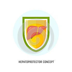 Hepatoprotector concept icon, healthy liver flat icon shield. Liver care guard icon