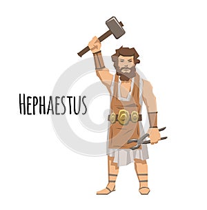 Hephaestus, ancient Greek god of blacksmith and fire. Mythology. Flat vector illustration. on white background.