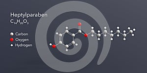 heptylparaben molecule 3d rendering, flat molecular structure with chemical formula and atoms color coding photo