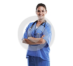 Her expertise is just what the doctor ordered. Studio portrait of a beautiful young doctor standing with her arms