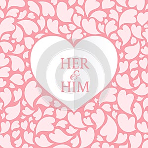 Her and him text in White heart and pink heart abstract background vector art design for wedding card or valentine`s day