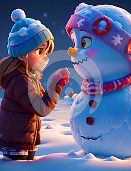 Girl Adding Finishing Touches When Making a Snowman. Ai generated. photo