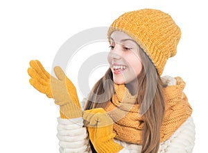 In her own style. warm clothes. happy teen girl in winter clothes. childhood happiness