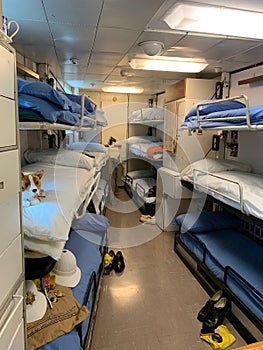 Crew dorm rooms inside Her Royal Majesty Yacht Britannia of the British monarch, Queen Elizabeth II