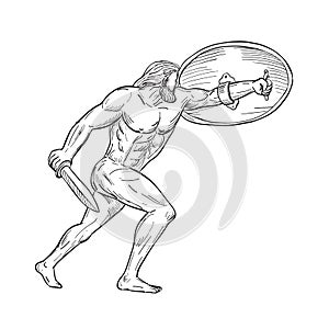 Heracles With Shield and Sword Drawing Black and White