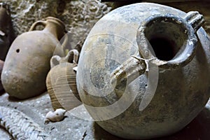 Heraklion, Crete / Greece. Amphora that was found in a shipwreck in the sea area of Heraklion. Now is located inside the fortress