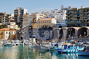 Heraklion, Crete, Greece, September 5, 2017: View of the old Venetian harbor, traditional architecture and boats