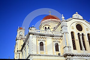 Roof of Cathedral of St. Minas in Iraklion with blue sky. Crete, Greece