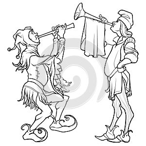 Herald and jester playing flute or trumpet. BW