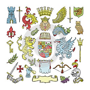 Herald vector heraldic shield and heraldry vintage emblem of crown lion or knights helmet illustration set of royal