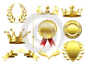 Heraldic 3D elements. Royal crowns and shields. Sport challenge winner gold medal. Laurel wreath and golden crown
