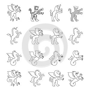 Heraldic animal set linear style. Hippocampus and lion. Dragon