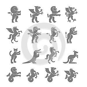 Heraldic animal silhouette set. Hippocampus and lion. Dragon an