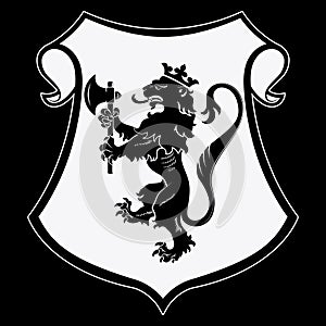 Heraldic coat of arms. Heraldic lion silhouette, heraldic shield with a crowned lion holding an axe in its front paws