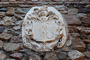 Heraldic coat of arms on one of the walls of the Alcazaba of Malaga. Palatial fortification from the Islamic era built in the 11th