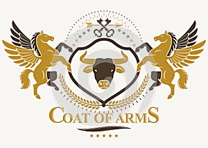 Heraldic Coat of Arms, vintage vector emblem composed using graceful Pegasus and wild bull head illustration. Protection keys.