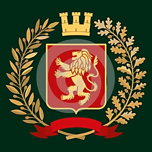 Heraldic color coat of arms. The lion on the shield. Framed by olive and oak branches