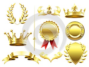 Heraldic 3D elements. Royal crowns and shields. Sport challenge winner gold medal. Laurel wreath and golden crown photo