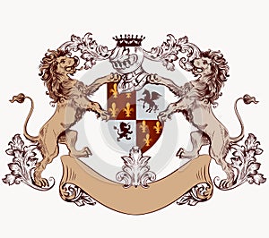 Heraldic design element with hand drawn lions and shield