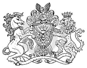 Heraldic emblem with unicorn and fairy lion beast on white, line art