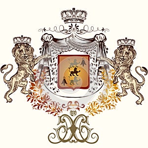 Heraldic illustration in vintage style with shield, crown and li