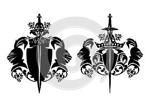 Heraldic knight, royal crown, sword, rose flowers and shield black and white vector emblem design
