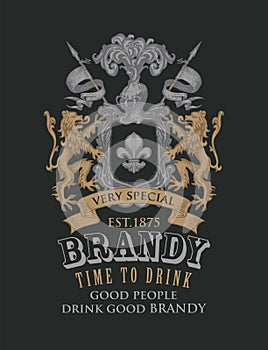 Hand-drawn label for Brandy with coat of arms