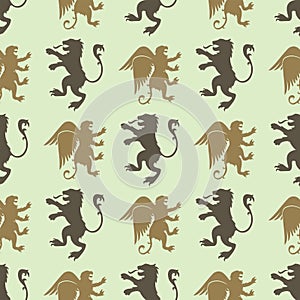 Heraldic lion royal crest medieval knight silhouette vintage seamless pattern king symbol heraldry vector illustration