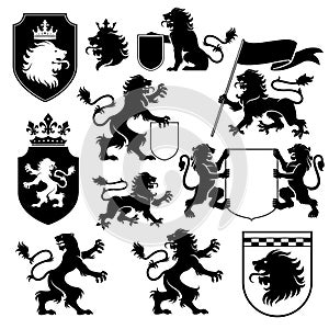 Heraldic lion silhouette set