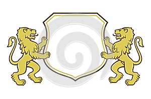 Heraldic lions holding a shield
