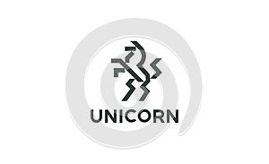 Heraldic Monochrome Black on White Logotype of Unicorn Standing on Its Hind Legs. Dynamic Icon Character Symbolizing photo